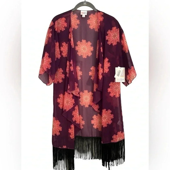 LuLaRoe Tops - Lularoe Monroe Cardigan Kimono Fringe Black Purple Flower Print Size S NWT